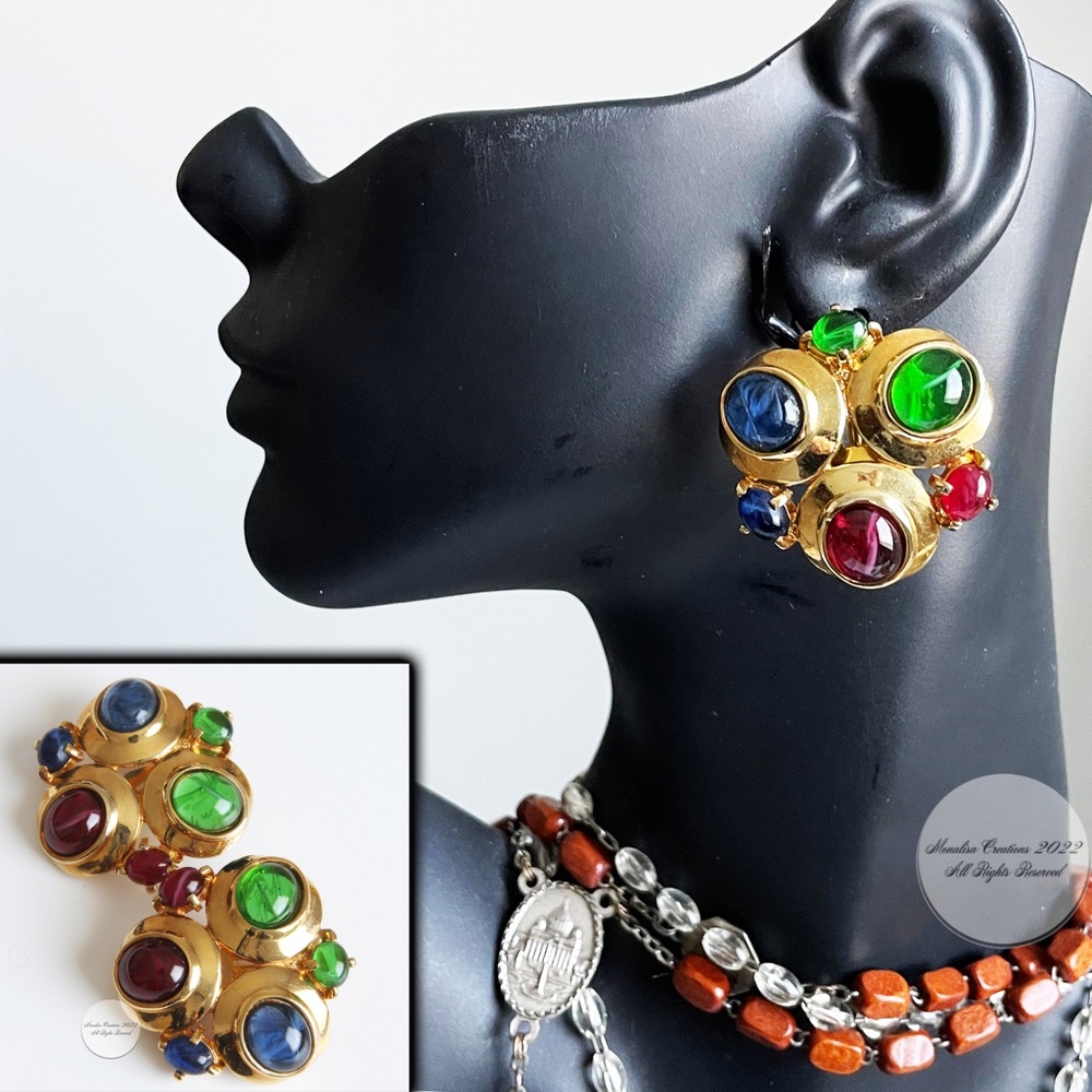 Vintage Statement Earrings Clip Style Multicolor Glass Stone Cabochons Unsigned